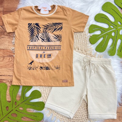 Conj. Camiseta Tropical Paradise e Bermuda em Moletinho - Caramelo e Areia